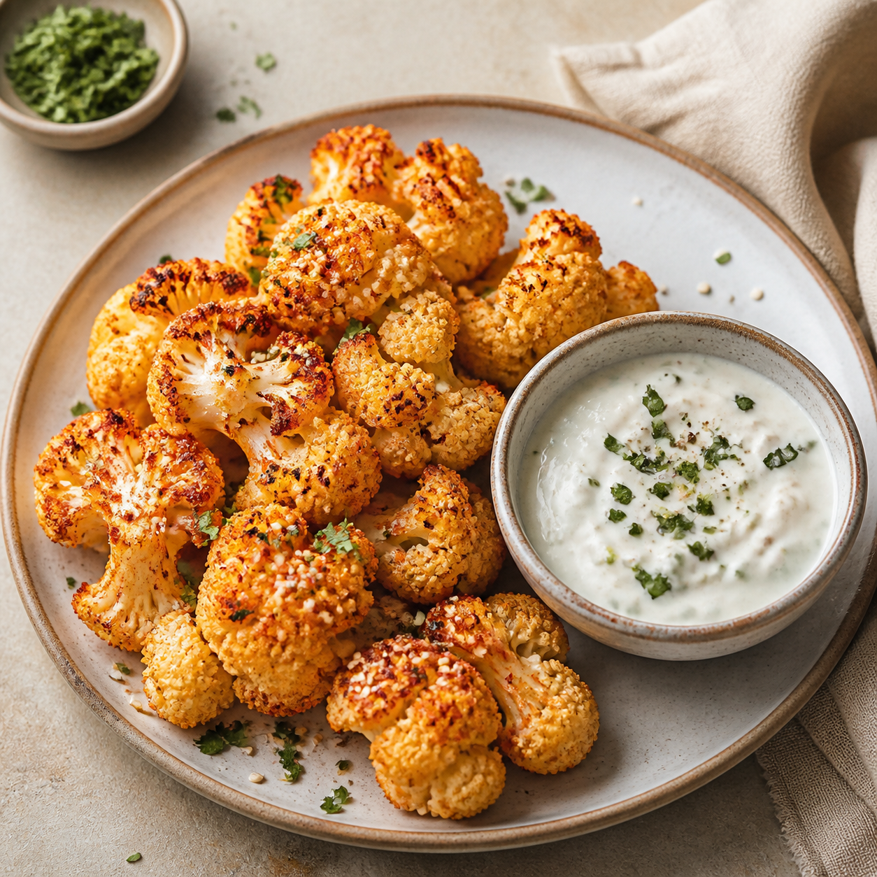 Knusprige Blumenkohlröschen aus dem Airfryer mit Zitronen-Kräuter-Dip