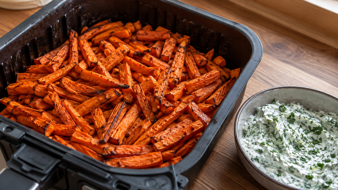 Geröstete Karottenstifte aus dem Airfryer mit Kräuterjoghurt