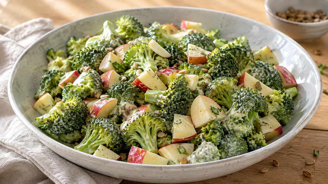 Brokkolisalat mit Apfelstücken und Sonnenblumenkernen