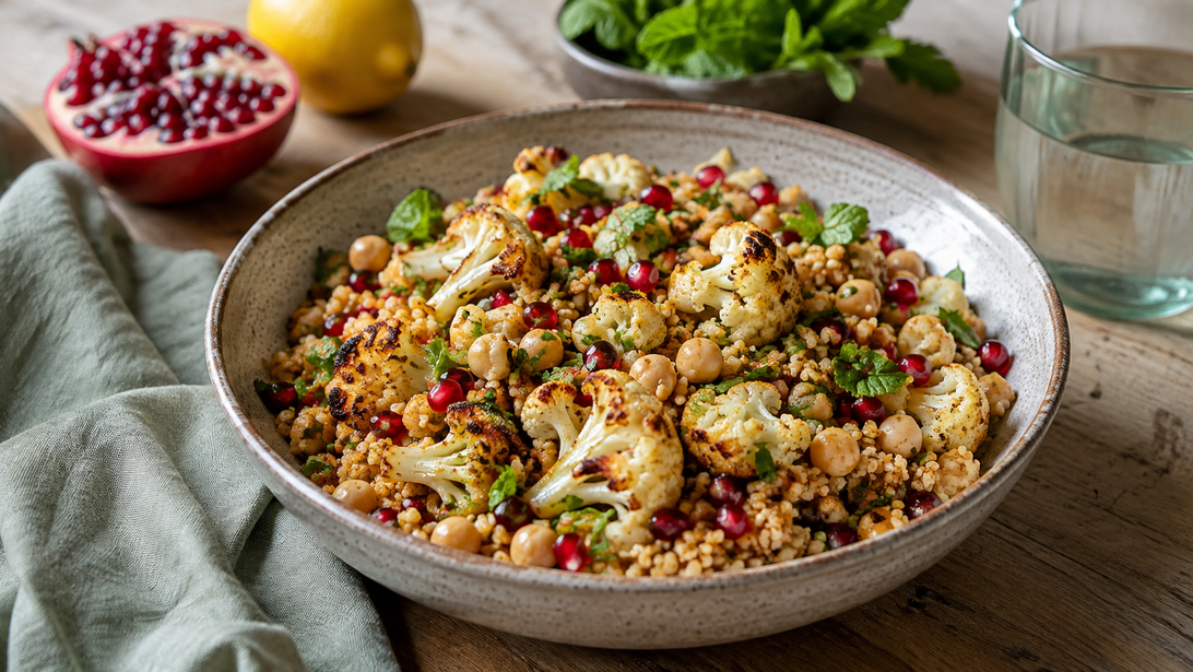 Bulgur-Bowl mit geröstetem Blumenkohl, Granatapfel und Kräutern