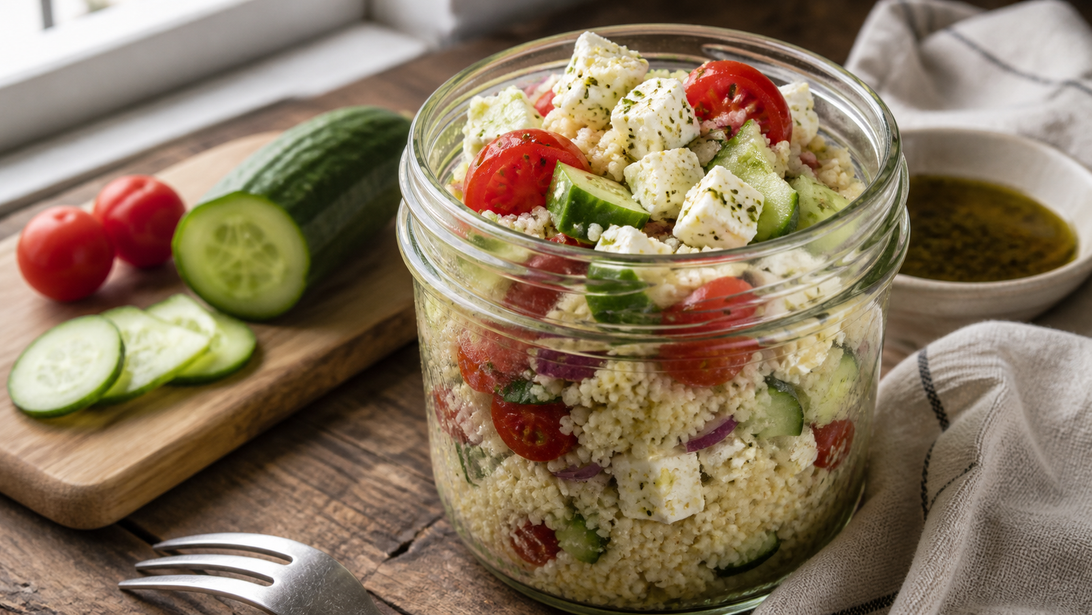 Couscous-Feta-Salat im Glas, natürlich portionsgerecht und ohne uniforme Anordnung angerichtet