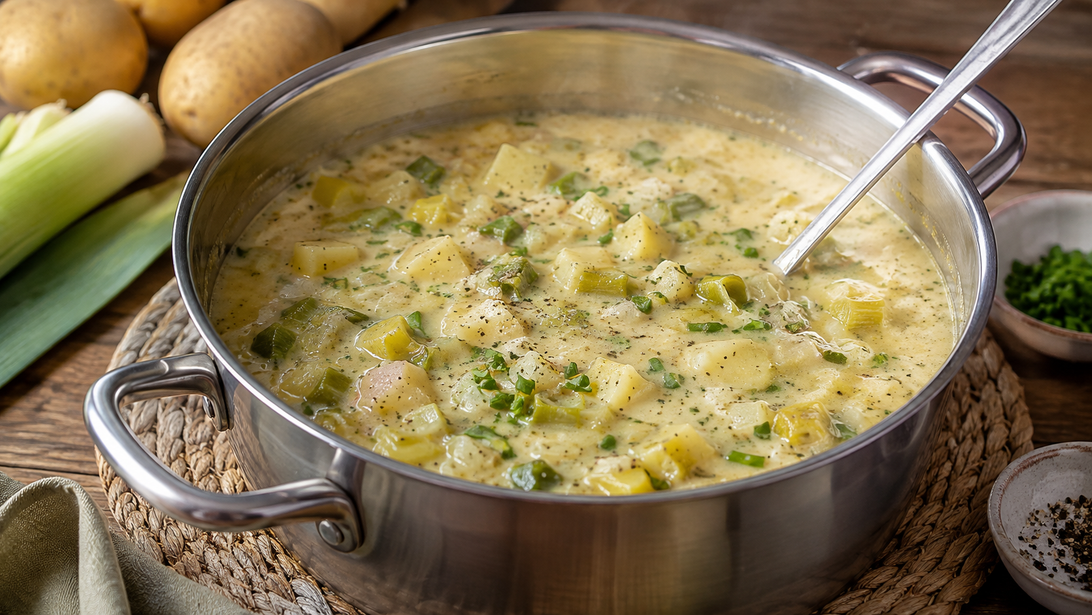 Cremige Kartoffel-Lauch-Suppe mit Kartoffelwürfeln, Lauchringen und Schnittlauch in einer grauen Schale