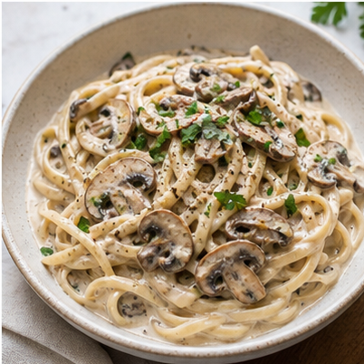 Cremige Pilz-Pasta appetitlich angerichtet