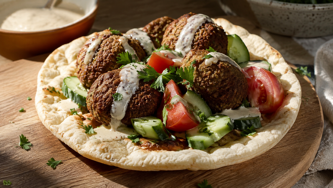 Aufgebrochene Pita mit unterschiedlich geformten Falafel, Tomate, Gurke, Petersilie und Tahinsauce