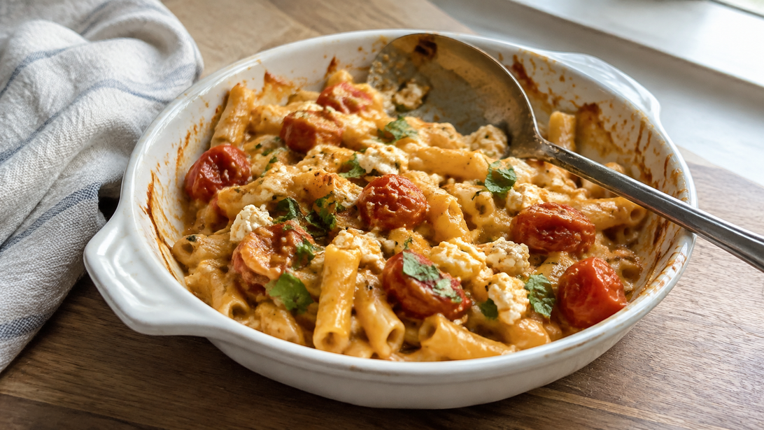 Kurze Pasta mit geschmolzenem Feta, gebackenen Kirschtomaten und Basilikum