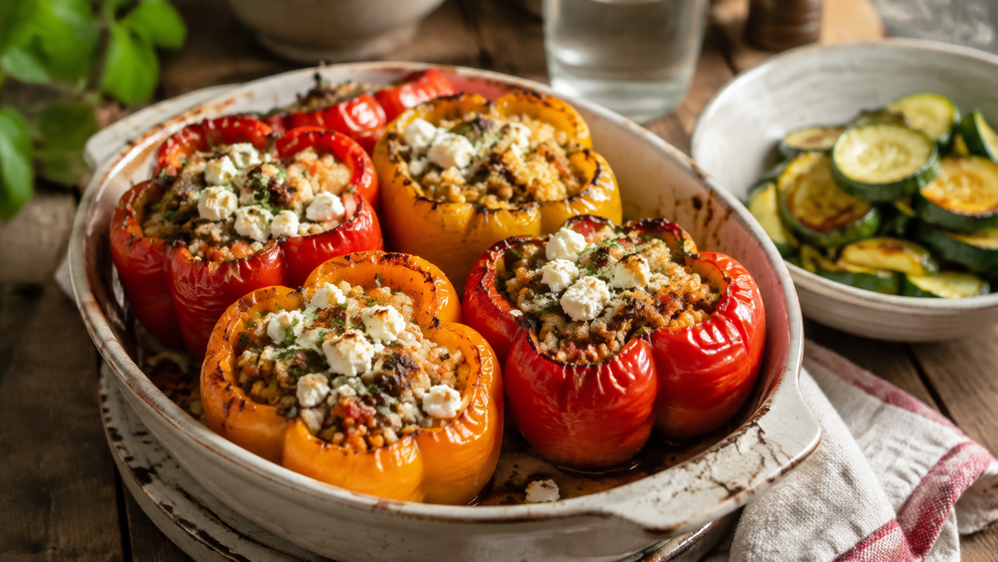 Gefüllte Paprika mit Bulgur, natürlich portionsgerecht und ohne uniforme Anordnung angerichtet