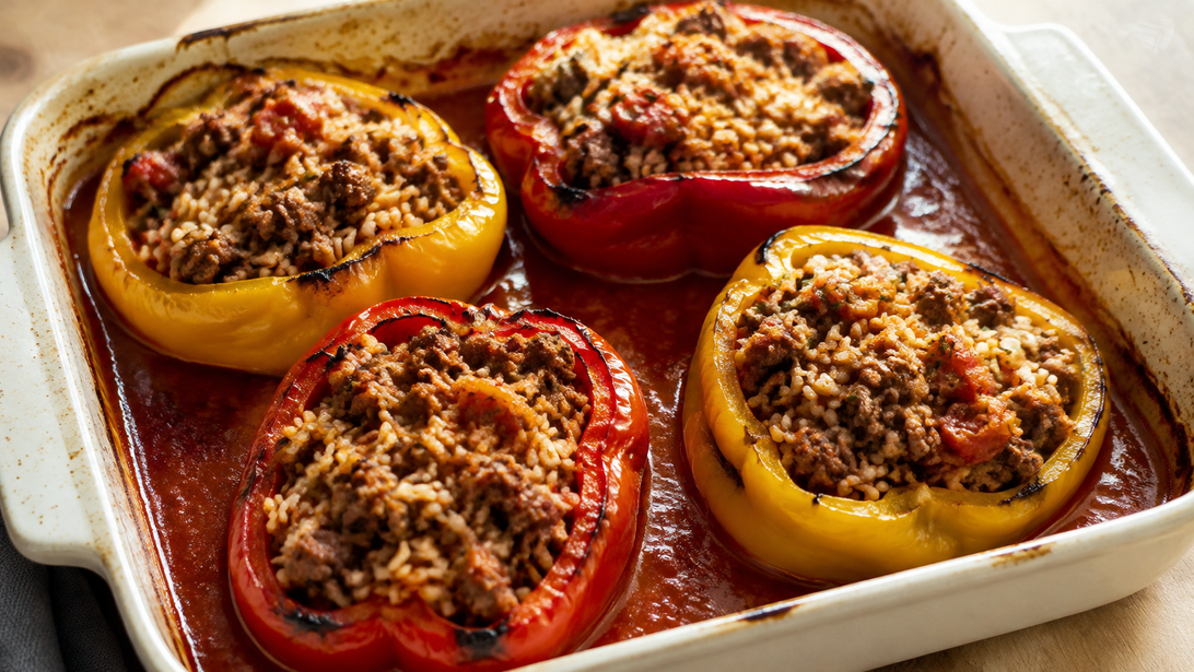 Vier gebackene Paprikahälften mit Hackfleisch-Reis-Füllung in Tomatensauce