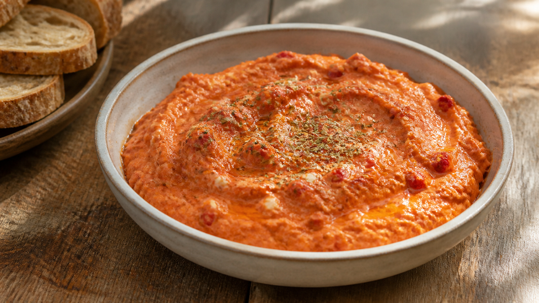 Cremiger Paprika-Feta-Dip mit Kräutern und Olivenöl
