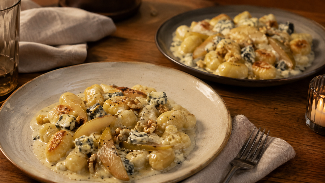 Goldene Gnocchi in Gorgonzolasauce mit Birnenspalten