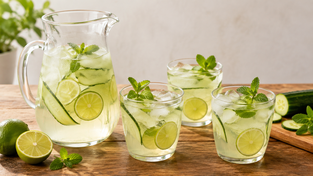 Alkoholfreier Gurken-Holunder-Spritz mit Limette und Minze