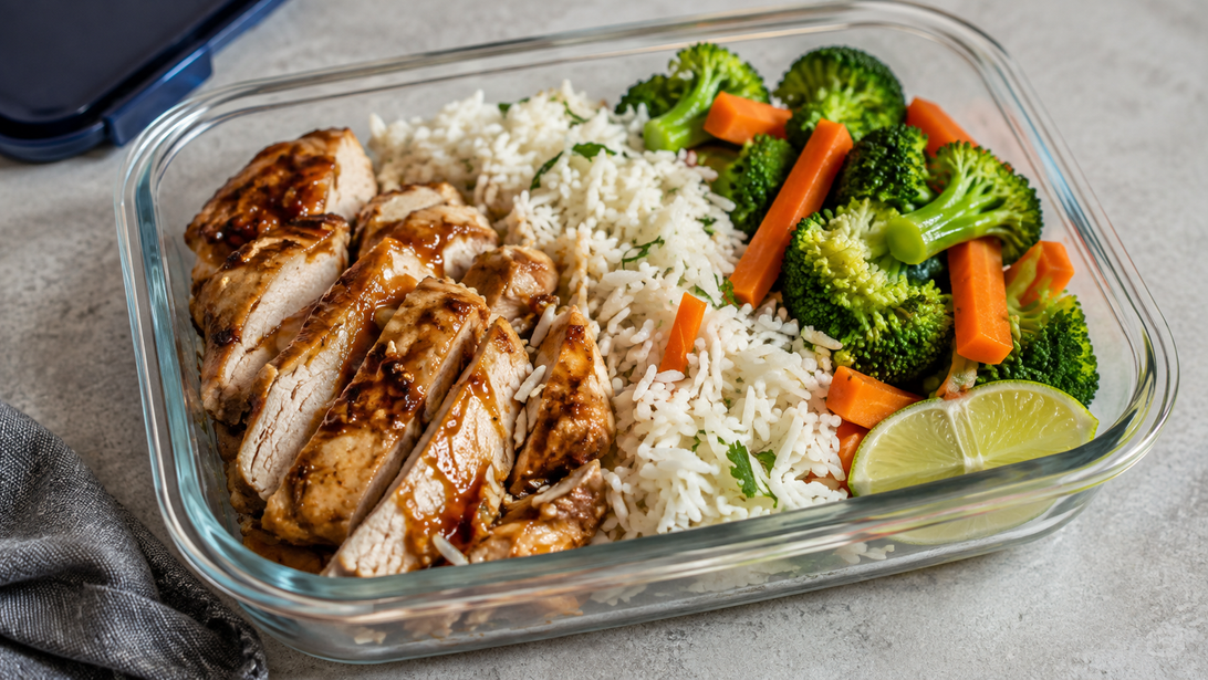 Meal-Prep-Bowl mit gebratenem Hähnchen, Reis, Brokkoli und Möhren