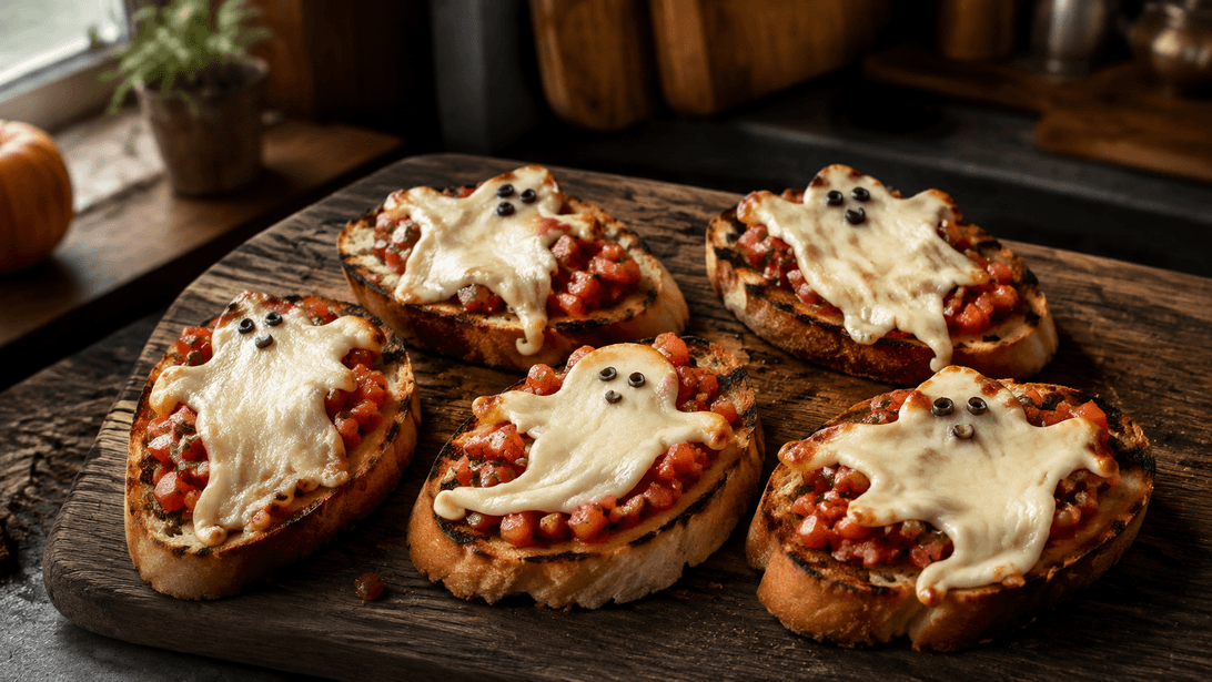Geröstete Brotscheiben mit unregelmäßigen Mozzarella-Geistern auf Tomaten