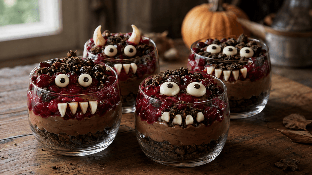 Schokoladenpuddinggläser mit Keksbröseln und schiefen Keksgrabsteinen