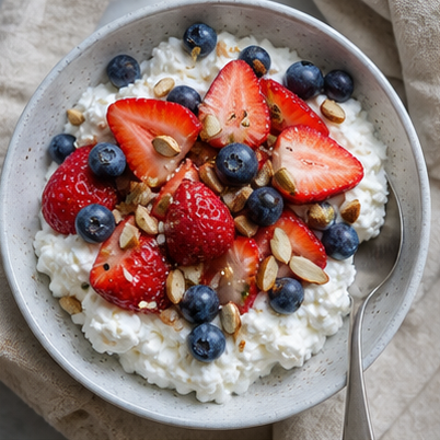 Hüttenkäse-Beeren-Bowl appetitlich angerichtet