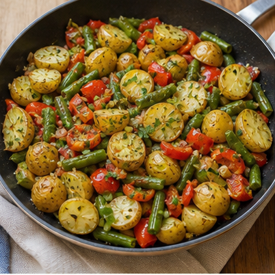 Kartoffel-Gemüse-Pfanne appetitlich angerichtet