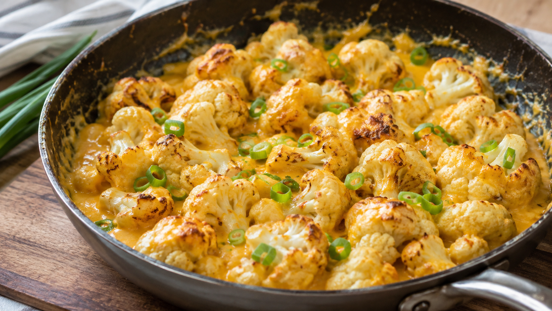 Goldene Blumenkohlpfanne mit Cheddar und Frühlingszwiebeln