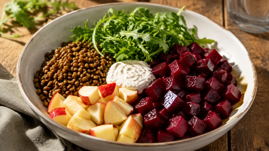 Bowl mit Linsen, Roter Bete, Apfel und Kräuterdressing