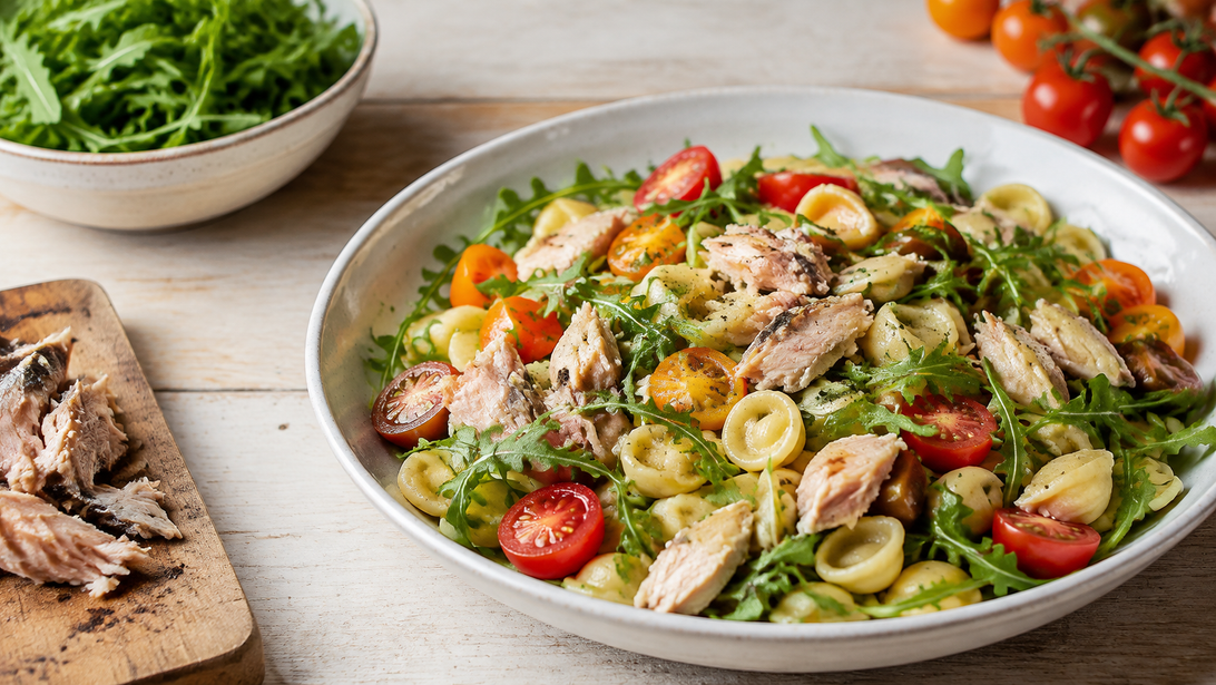 Orecchiette-Salat mit groben Makrelenstücken, bunten Tomaten und frischem Rucola