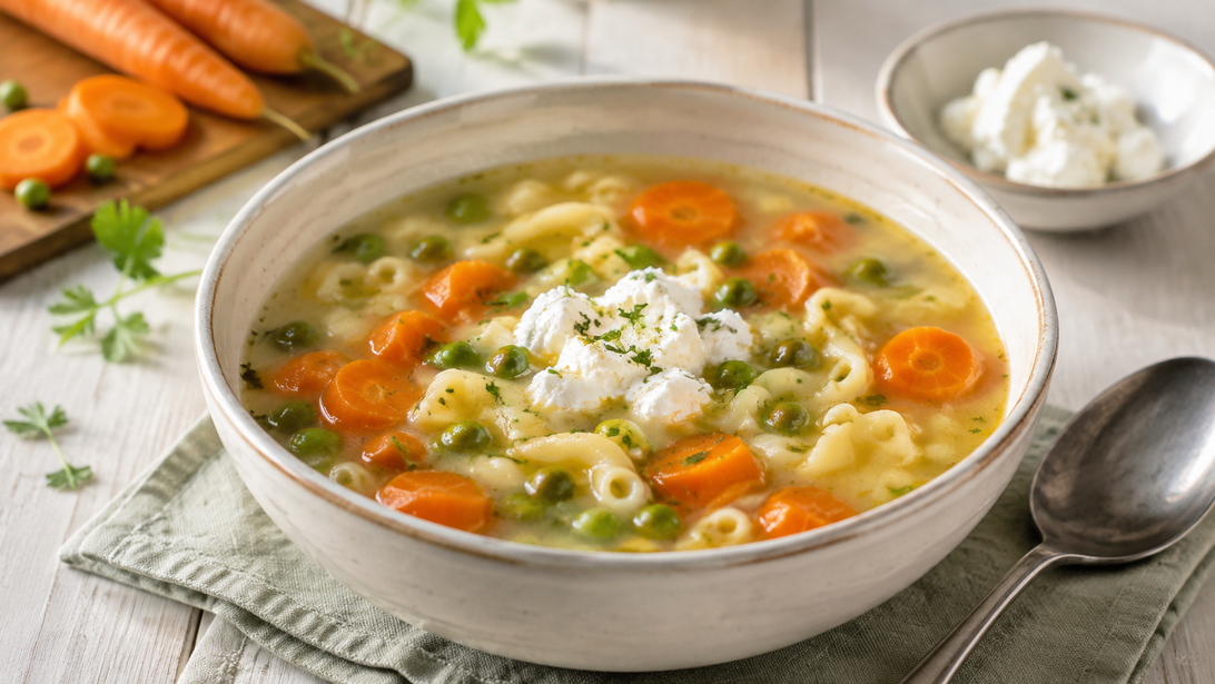 Milde Möhren-Nudel-Suppe, natürlich portionsgerecht und ohne uniforme Anordnung angerichtet
