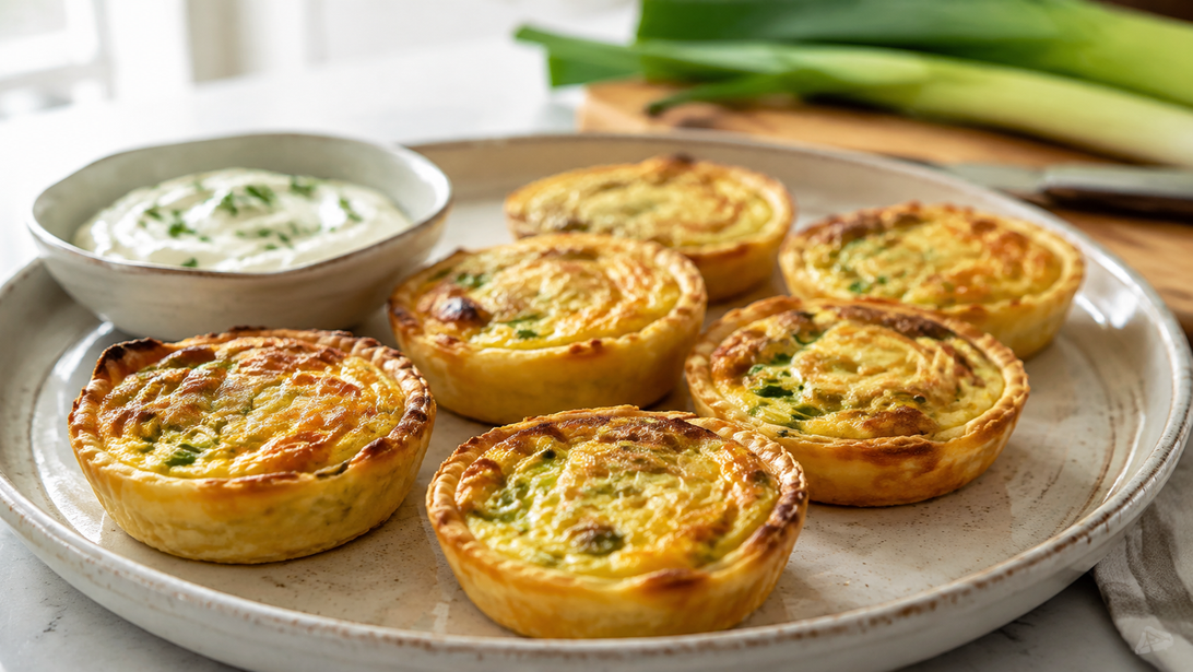 Goldbraune Mini-Quiches mit sichtbaren Lauchringen