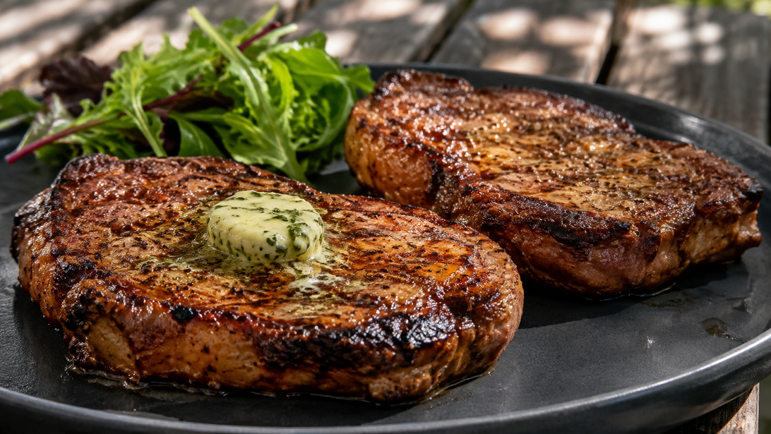 Zwei saftige Schweinenackensteaks mit Grillstreifen und schmelzender Kräuterbutter