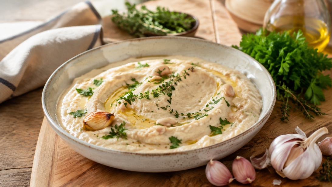 Cremige weiße Bohnen-Kräutercreme mit geröstetem Knoblauch und frischen Kräutern