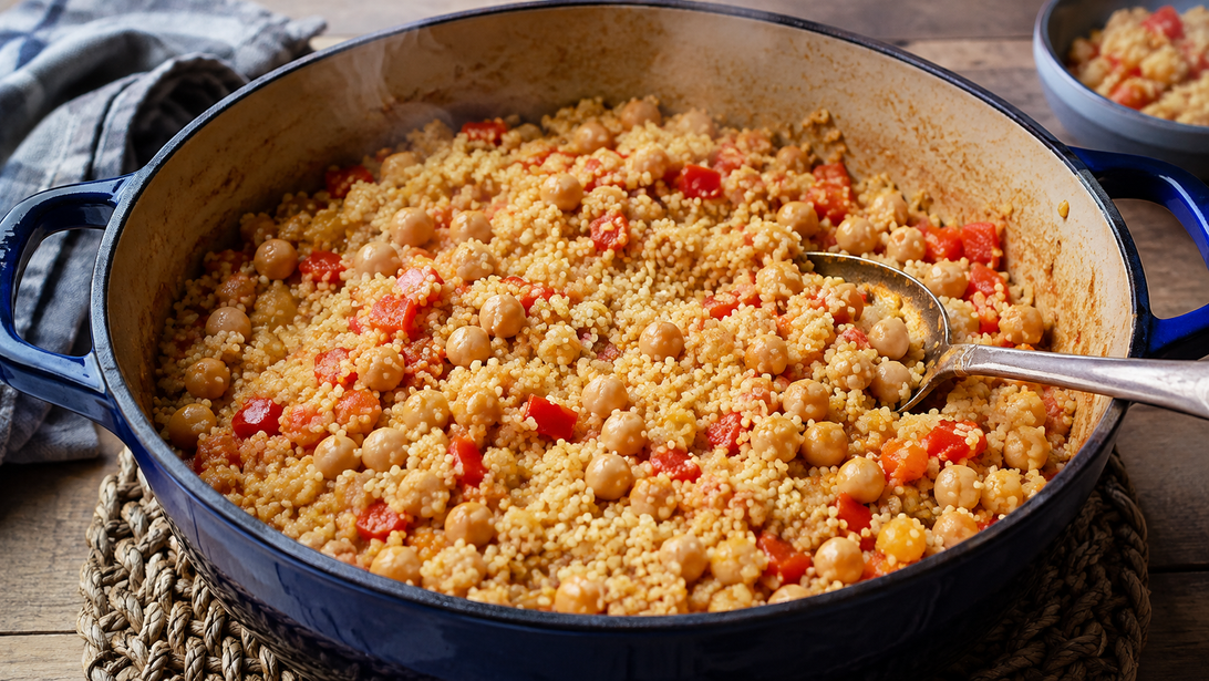 One-Pot-Kichererbsen-Couscous appetitlich angerichtet