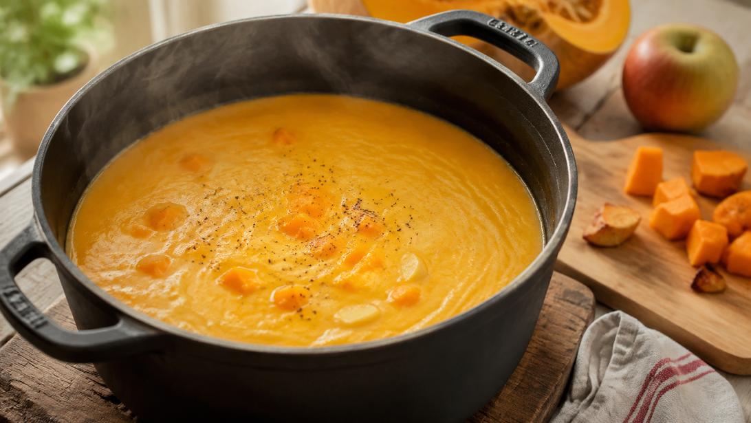 Cremige orange Kürbis-Apfel-Suppe mit Dampf im schweren Kochtopf und wenigen Kürbisstücken daneben
