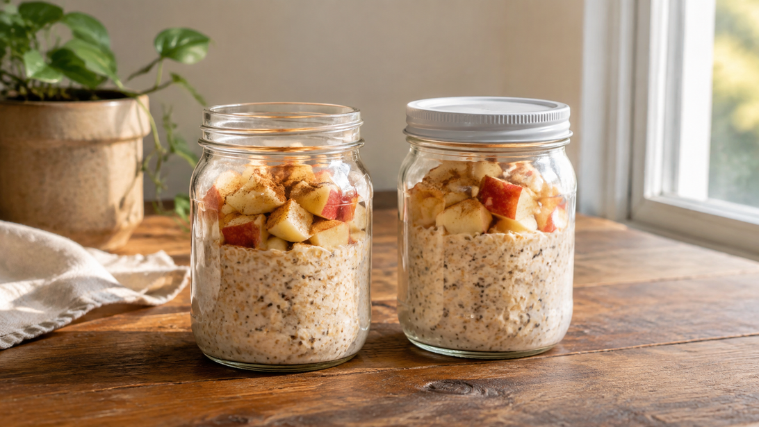 Cremige Overnight Oats mit Apfelwürfeln und Zimt in zwei unterschiedlich gefüllten Gläsern