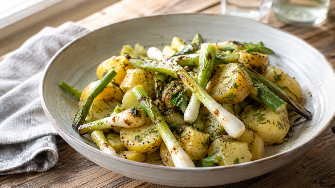 Kartoffelsalat mit gegrillten Frühlingszwiebeln, natürlich und servierfertig angerichtet