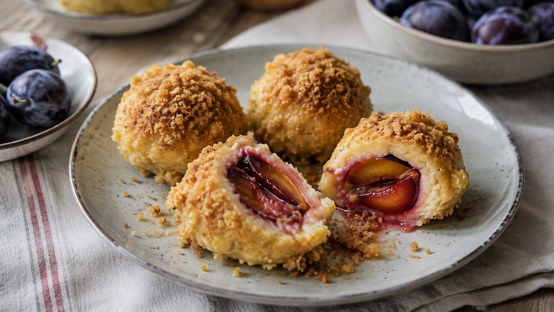 Pflaumenknödel mit Zimtbröseln, natürlich und servierfertig angerichtet