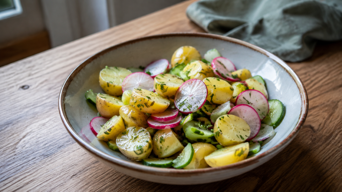 Radieschen-Kartoffel-Salat mit Gurke, natürlich und servierfertig angerichtet