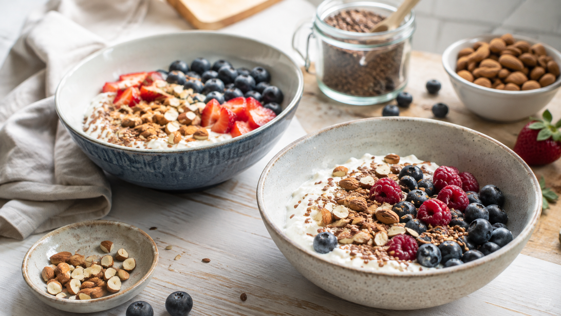 Zwei natürlich angerichtete Skyr-Bowls mit Beeren und grob gehackten Mandeln
