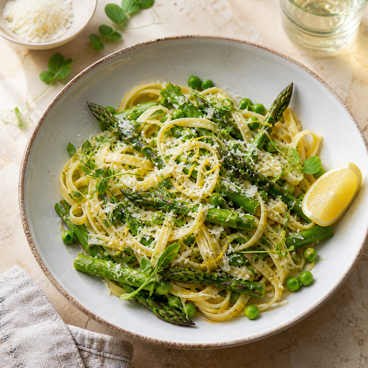 Spargel-Erbsen-Tagliatelle mit Zitrone und geriebenem Hartkäse in einer Keramikschale