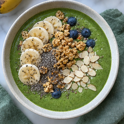 Spinat-Bananen-Smoothie-Bowl appetitlich angerichtet