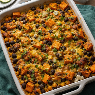 Süßkartoffel-Bohnen-Auflauf appetitlich angerichtet