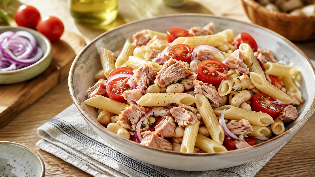 Mediterraner Penne-Salat mit Thunfischflocken, weißen Bohnen und halbierten Tomaten