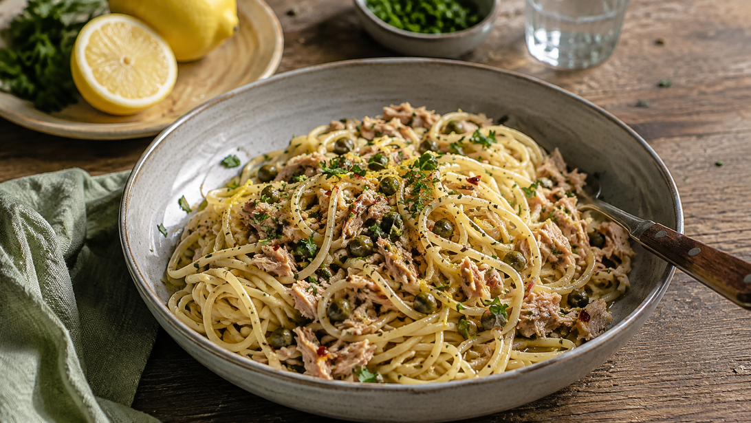 Pasta mit Thunfisch, Kapern, Zitronenschale und Petersilie