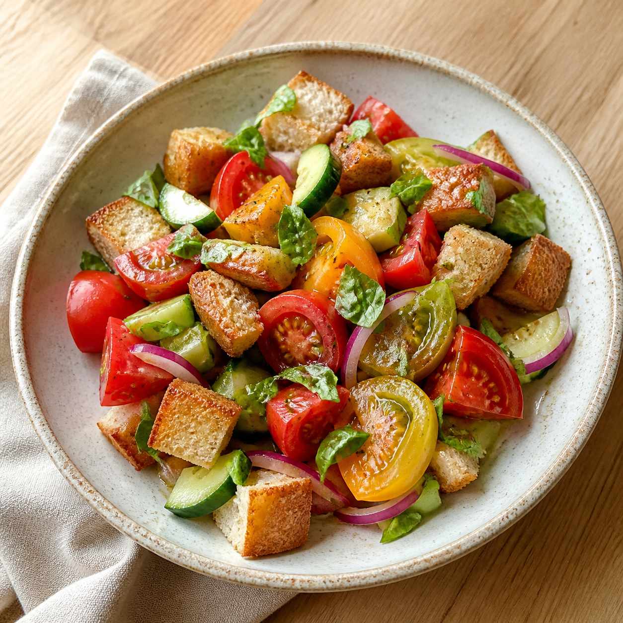 Tomaten-Brotsalat mit Gurke, Basilikum und gerösteten Brotstücken