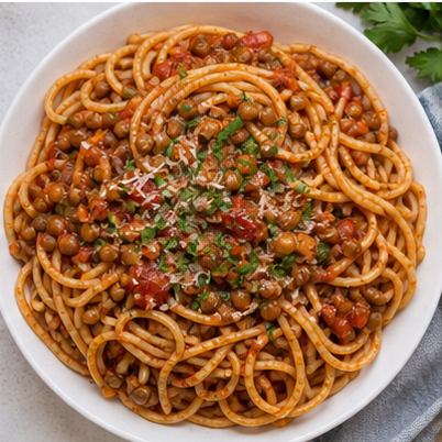 Tomaten-Linsen-Spaghetti appetitlich angerichtet