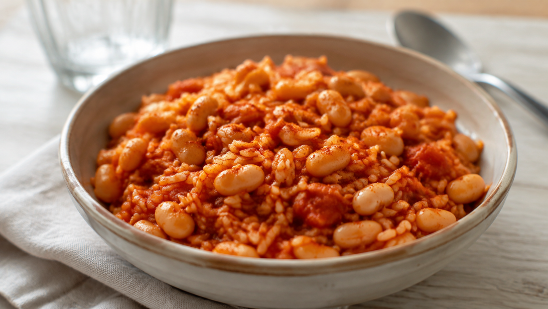 Tomatenreis mit weißen Bohnen, natürlich portionsgerecht und ohne uniforme Anordnung angerichtet