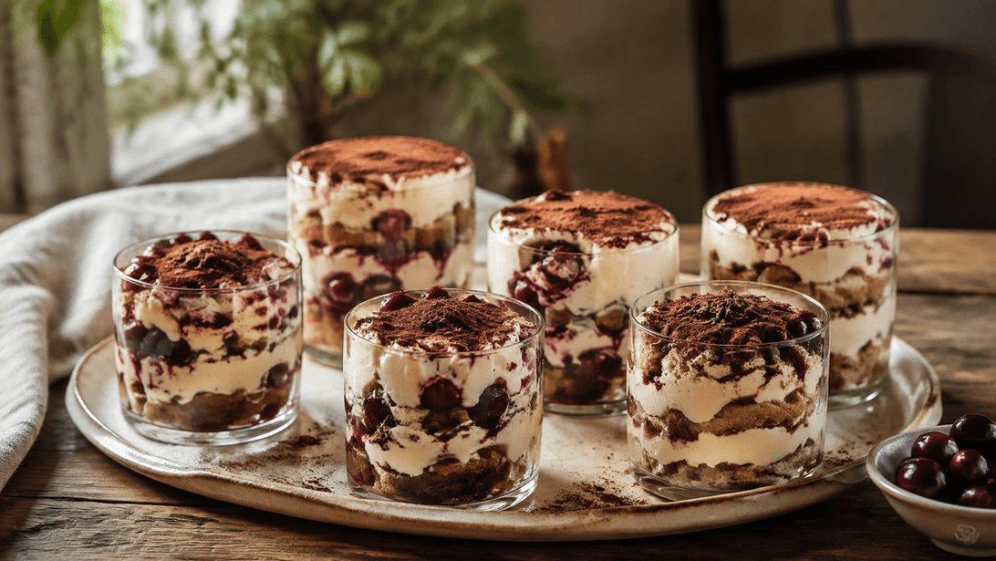 Lebkuchen-Tiramisu mit Creme und Kakaopulver in Gläsern