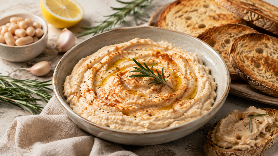 Cremiger weißer Bohnendip mit Rosmarin und Olivenöl