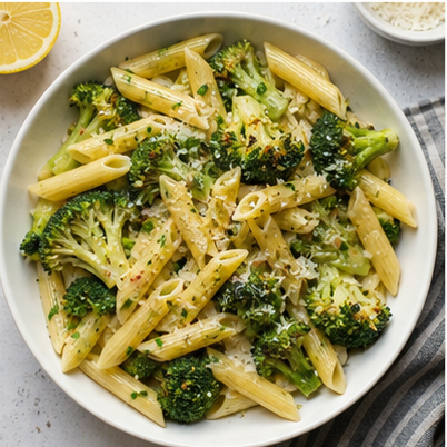 Zitronen-Brokkoli-Penne appetitlich angerichtet