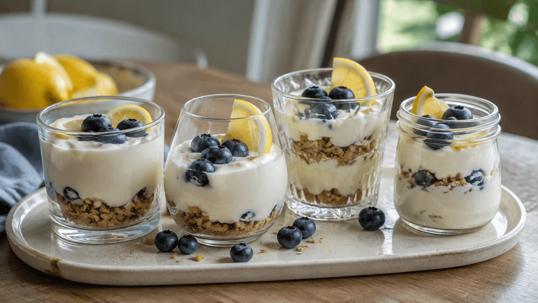 Zitronen-Joghurt-Creme mit Haferkeksbröseln und Heidelbeeren in vier kleinen Gläsern