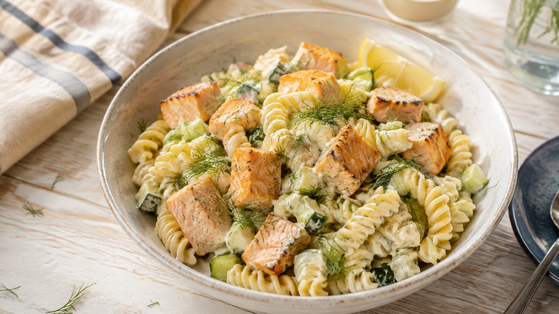 Lockerer Fusilli-Salat mit groben gebratenen Lachsstücken, Gurke und Dill
