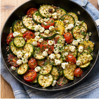 Zucchini-Feta-Pfanne appetitlich angerichtet